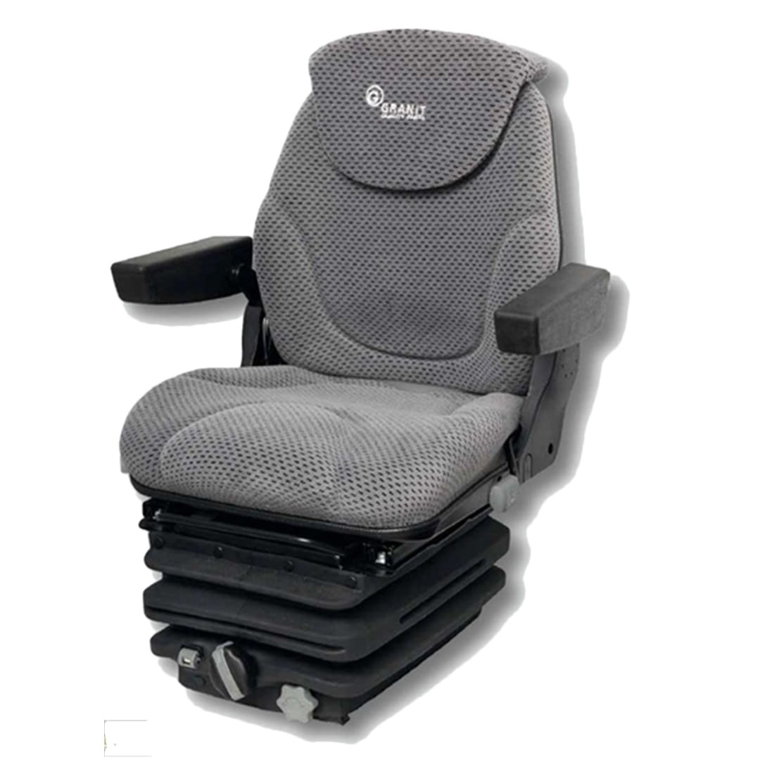 Sedile in tessuto grigio con molleggio meccanico e braccioli