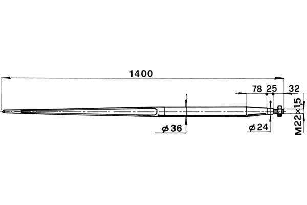 Forca a punta conica 36x1400 completa di dado per caricatori di rotoballe