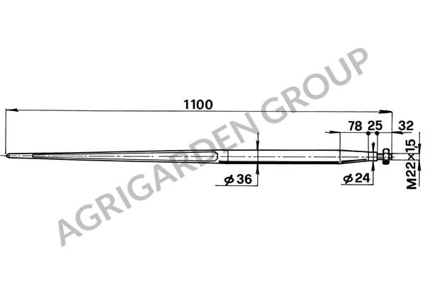 Forca a punta conica 36x1100 completa di dado per caricatori di rotoballe