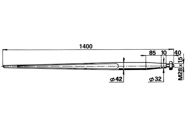 Forca a punta conica 42x1400 completa di dado per caricatori di rotoballe