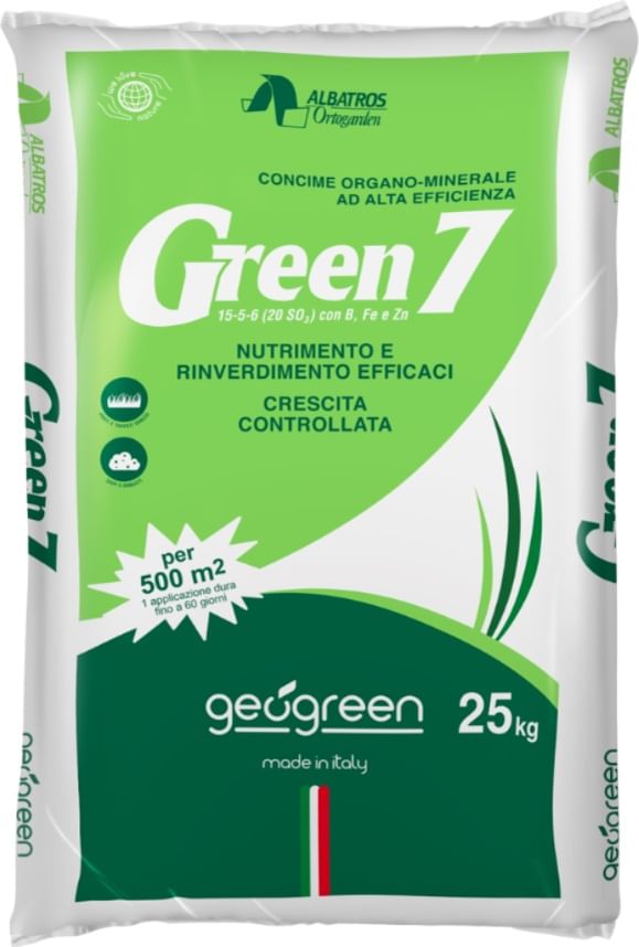 Concime organo minerale GREEN 7 mantenimento in granuli sacco da 25Kg [NPK 15-5-6(20)+micro]