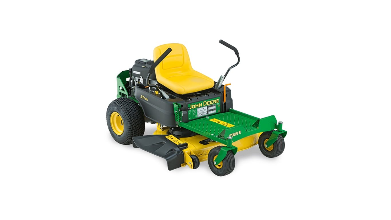 Trattorino rasaerba a scarico laterale John Deere Z335 E a sterzata zero da 656cm3 con piatto di taglio da 107cm.